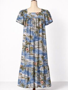Vintage Hawaiian dress with bottom ruffle, blue with "Hawaii" script muumuu. L
